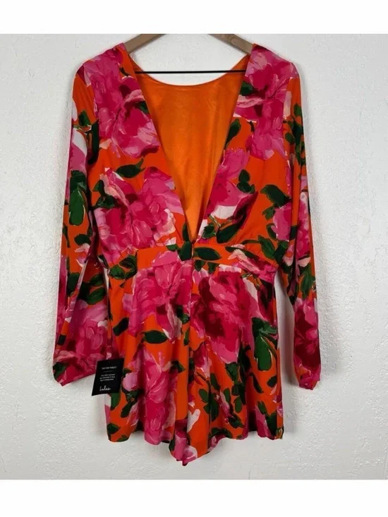 Lulus Sweetest Song Orange Floral Print Backless Long Sleeve Romper NWT Large - Picture 4 of 4